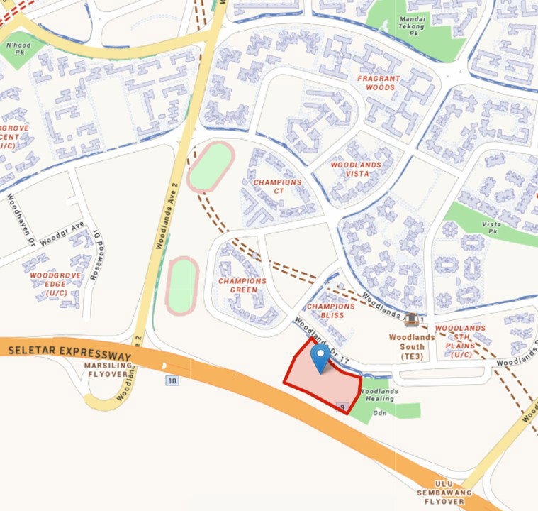 Location map with the Wynwood Grand site outlined in red, south of Woodlands Drive 17, beside Woodlands Healing Garden and north of the Seletar Expressway, with Woodlands South MRT nearby